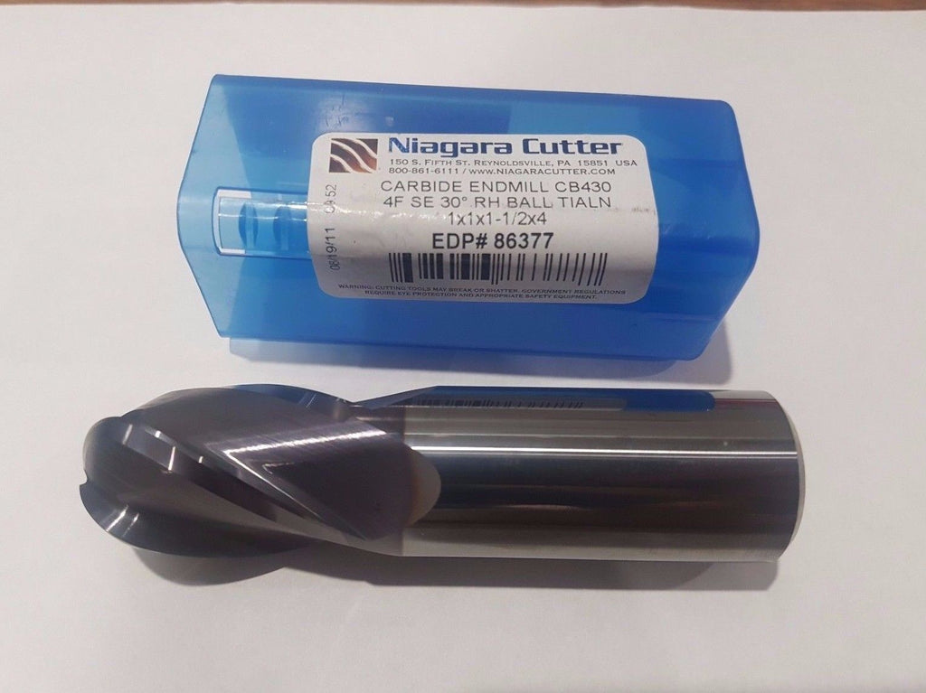 Niagara Cutter 1 x 1 x 1-1/2 x 4 End Mill 4F 30 RH Carbide CB430 86377 Ball Nose