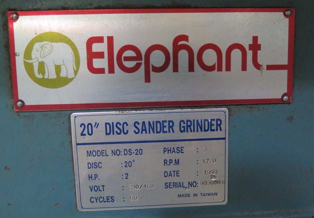 Elephant 20″ Disc Sander Grinder Model DS-20 Baldor Motor 2 HP 3 Phase Free Shipping