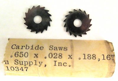 2 Solid Carbide Slotting Jeweler Blade Saws .650 x.028 x.188 Watchmaker Lathe