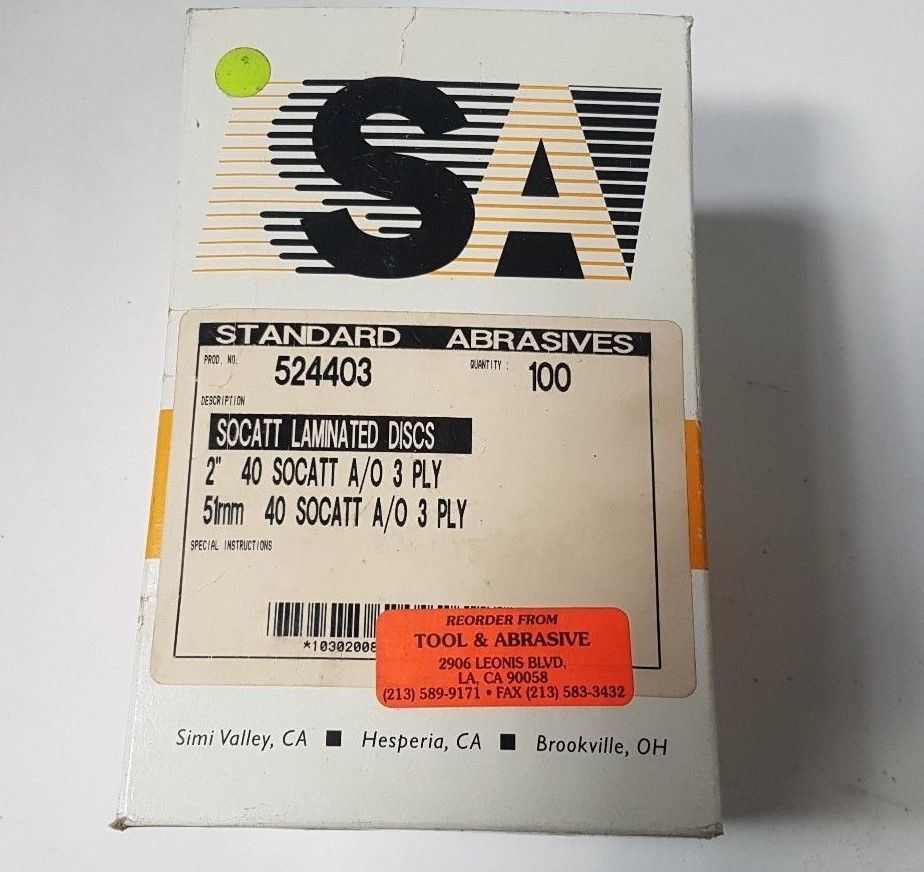 100 Pcs Standard Abrasives 40 SOCATT Laminated Discs Scotch 524403 2" A/O 3 PLY