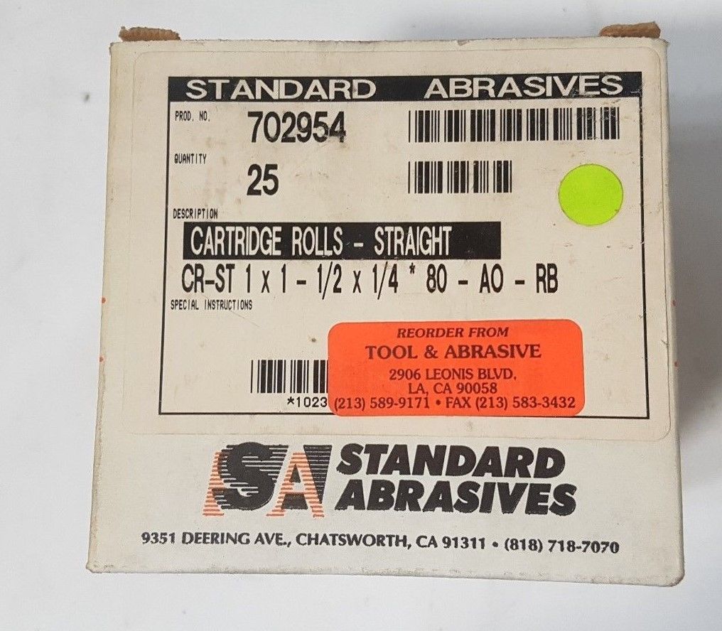 25 Pcs Standard Abrasives 702954 1 x 1 x 1/2 x 1/4 Straight Cartridge Rolls New