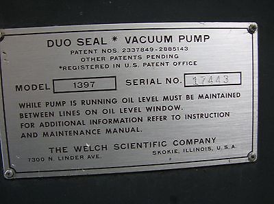 Welch Duo Seal Two Stage High Vacuum Pump Model 1397