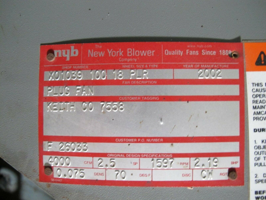 New York Blower nyb Plug Fan 18 PLR Wheel Size 4000 CFM 3 HP Baldor Mo