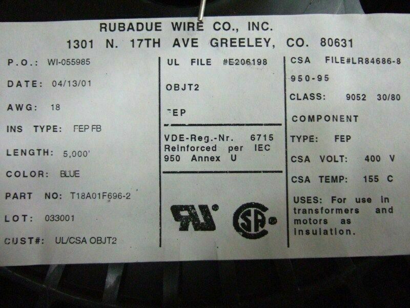 Rubadue 5000 Feet Blue Wire Cable Part No T18A01F696-2 18 AWG FEP FB Reel motor