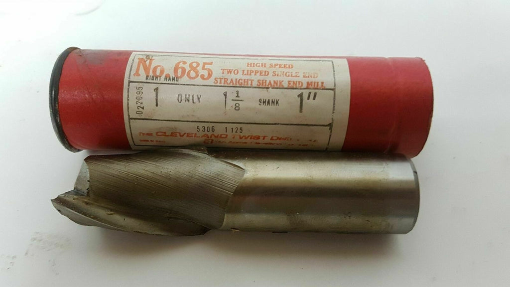 Cleveland NO. 685 HSS End Mill 1-1/8 Diameter 1" Shank 2 Flutes New USA