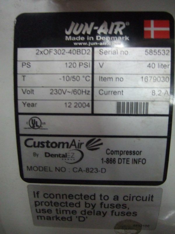 JUN-AIR CustomAir Model CA-823-D Dental Air Compressor Dual Head Oil Free OF302